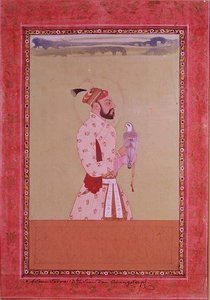 I.S.227-1950 Azam Shahr, Aurangzeb császár harmadik fia, aki egy sólymot tart, Golconda, 1680 körül (gouache virágos szegéllyel)